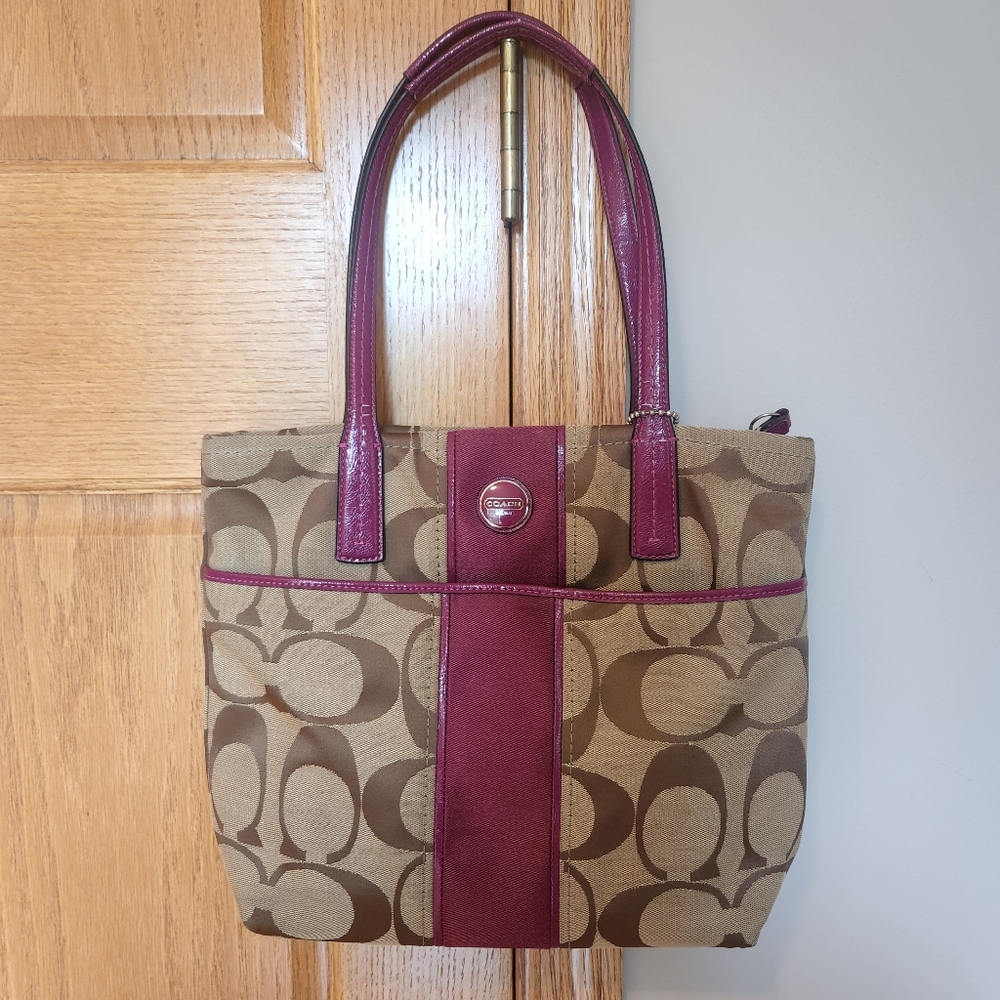 Coach Signature Tote with Burgundy Accents